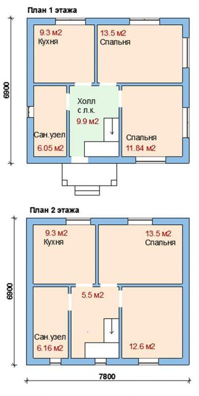 план двухэтажного дома до 100 кв.м.