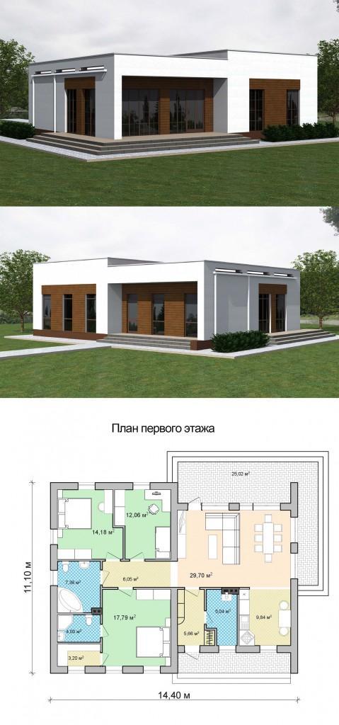 проект одноэтажного дома с плоской крышей план