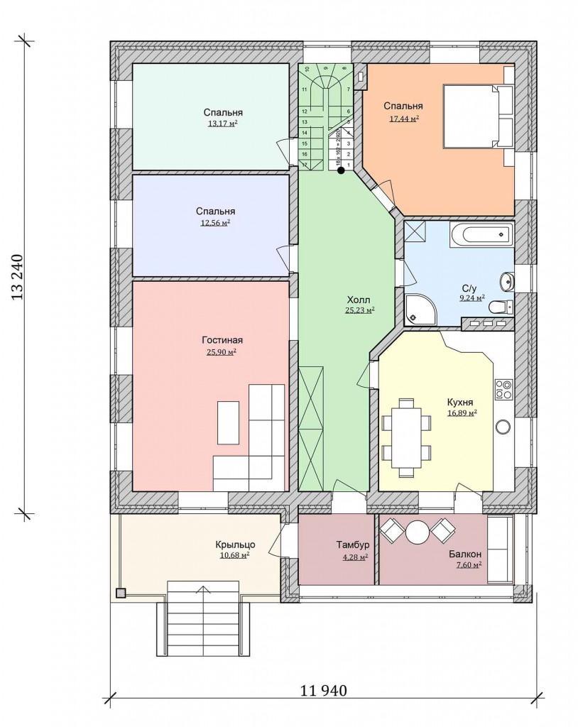 план одноэтажного дома с комнатой наверху
