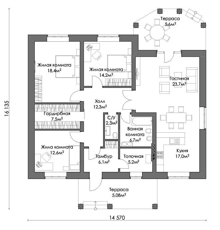 план дома с кухней-гостиной и тремя спальнями
